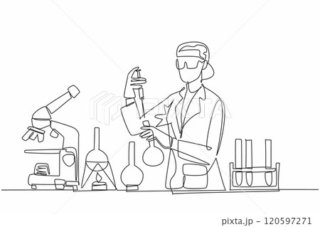 Single continuous line drawing a female scientist is conducting experiments in a laboratory. Holds a test tube and flask. Passion for science. Scientific discovery. One line design vector illustration 120597271