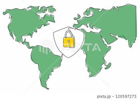 Single continuous line drawing the shield and padlock with world map background. The world is connected through the internet. Protect the privacy. Data Privacy Day. One line design vector illustration 120597273