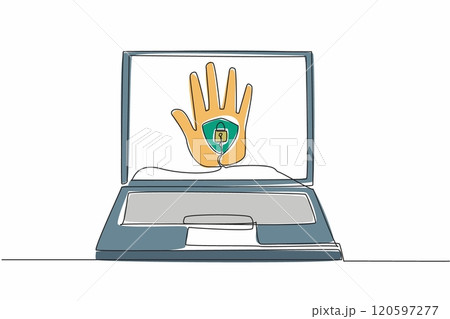 Continuous one line drawing shielded and locked palm in middle of the laptop screen. Two security verifications. Fingerprint. Password. Data Privacy Day. Single line draw design vector illustration 120597277
