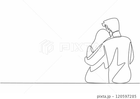 Single continuous line drawing husband hugs his wife who is sitting. Providing comfort to beloved women. Hugging to soothe. Giving warmth. Love. National Hug Day. One line design vector illustration Single continuous line drawing husband hugs his wife who is sitting. Providing comfort to beloved women. Hugging to soothe. Giving warmth. Love. National Hug Day. One line design vector illustration 120597285
