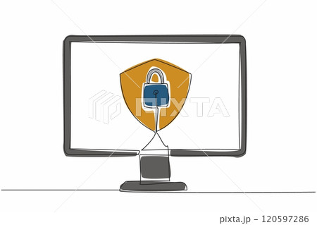 Single one line drawing shield and padlock in the middle of the computer monitor. Computer use two security systems. Protecting. Secure. Data Privacy Day. Continuous line design graphic illustration 120597286