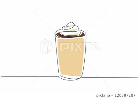 Single continuous line drawing paper cup with chocolate drink and whipped cream. Drink as much chocolate as like. Celebrate. Take away. National Hot Chocolate Day. One line design vector illustration 120597287