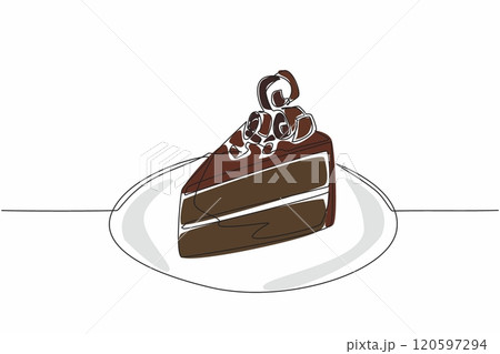Single one line drawing slices of chocolate cake topped with rolled chocolate pieces. Most delicious chocolate cake. Calming. National Chocolate Cake Day. Continuous line design graphic illustration 120597294