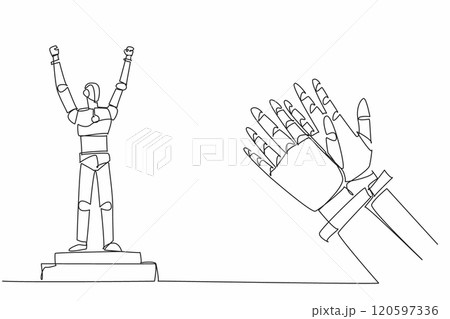 Single one line drawing robot standing on the podium of champions. Future where machines surpass human capabilities. Technology. Employee Appreciation Day. Continuous line design graphic illustration Single one line drawing robot standing on the podium of champions. Future where machines surpass human capabilities. Technology. Employee Appreciation Day. Continuous line design graphic illustration 120597336