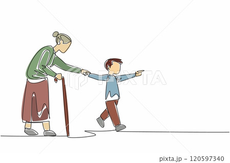 Single one line drawing a young boy with a kind smile offers his hand to elderly woman. Together, they step onto the crosswalk. Random Acts of Kindness Day. Continuous line design graphic illustration Single one line drawing a young boy with a kind smile offers his hand to elderly woman. Together, they step onto the crosswalk. Random Acts of Kindness Day. Continuous line design graphic illustration 120597340