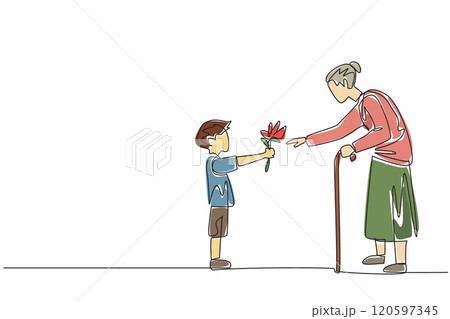Continuous one line drawing a boy presents a flower to a smiling grandmother. Heartwarming. Full with love and appreciation. Random Acts of Kindness Day. Single line draw design vector illustration Continuous one line drawing a boy presents a flower to a smiling grandmother. Heartwarming. Full with love and appreciation. Random Acts of Kindness Day. Single line draw design vector illustration 120597345