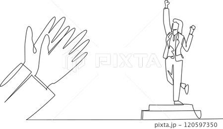 Single continuous line drawing woman in blazer standing on the podium. Celebratory pose. Successful businesswoman. Achievement. Applauds. Employee Appreciation Day. One line design vector illustration 120597350