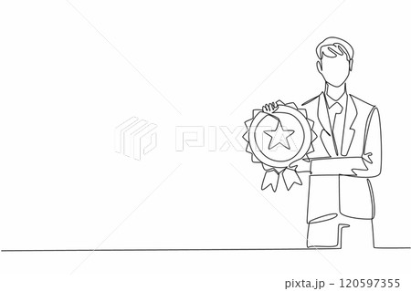 Continuous one line drawing man in blazer and tie holding medal emblem. Very successful. Very prestigious career level. Award. Employee Appreciation Day. Single line draw design vector illustration 120597355