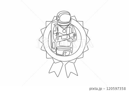 Continuous one line drawing astronaut crossed arm on chest while medal around neck. Inspiring future generations to dream big. Employee Appreciation Day. Single line draw design vector illustration Continuous one line drawing astronaut crossed arm on chest while medal around neck. Inspiring future generations to dream big. Employee Appreciation Day. Single line draw design vector illustration 120597358