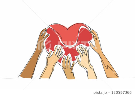 Single continuous line drawing the five hands holding a heart shape together. Demonstrating the power of togetherness. Unity and love. Random Acts of Kindness Day. One line design vector illustration 120597366