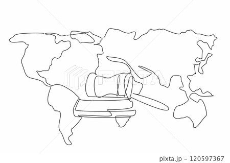 Continuous one line drawing gavel and stand with world map background. The importance of upholding legal principles worldwide. World Day of Social Justice. Single line draw design vector illustration 120597367