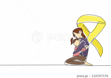Continuous one line drawing a mother kneels embracing her child. Sense of strength, resilience, and unwavering love. International Childhood Cancer Day. Single line draw design vector illustration 120597378