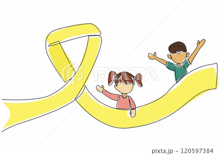 Single continuous line drawing two children sliding down a ribbon campaign-shaped slide. Sense of joy and freedom. Optimistic. International Childhood Cancer Day. One line design vector illustration 120597384