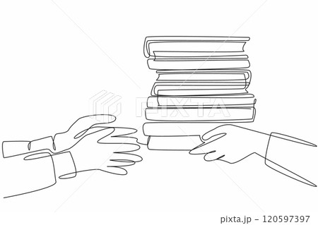Single one line drawing two hands, one passing a stack of books to other. Transfer of knowledge. Symbolic gesture of sharing. International Book Giving Day. Continuous line design graphic illustration Single one line drawing two hands, one passing a stack of books to other. Transfer of knowledge. Symbolic gesture of sharing. International Book Giving Day. Continuous line design graphic illustration 120597397