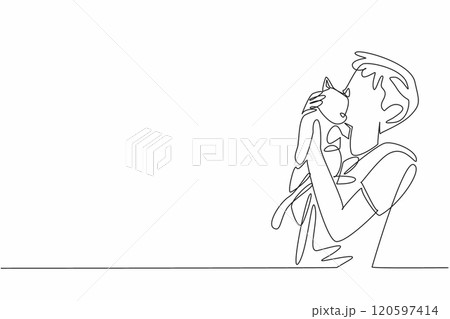 Single one line drawing a boy lovingly embracing and kissing cat. The pure and unconditional love between humans and animals. National Love Your Pet Day. Continuous line design graphic illustration Single one line drawing a boy lovingly embracing and kissing cat. The pure and unconditional love between humans and animals. National Love Your Pet Day. Continuous line design graphic illustration 120597414