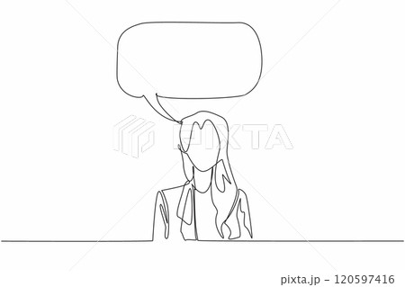 Single continuous line drawing callout above adult woman. Internal monologue of a character. Thought. Feeling. Contemplation. International Mother Language Day. One line design vector illustration 120597416