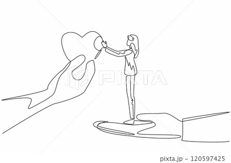 Single one line drawing a woman stands on big palm taking big heart shape. Small acts of kindness can have a profound impact. Random Acts of Kindness Day. Continuous line design graphic illustration 120597425