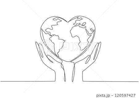 Continuous one line drawing two hands cradle heart-shaped earth. Humanity's responsibility to care for and protect our planet. Random Acts of Kindness Day. Single line draw design vector illustration Continuous one line drawing two hands cradle heart-shaped earth. Humanity's responsibility to care for and protect our planet. Random Acts of Kindness Day. Single line draw design vector illustration 120597427