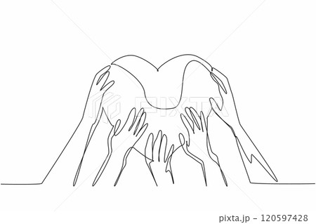 Single continuous line drawing the five hands holding a heart shape together. Demonstrating the power of togetherness. Unity and love. Random Acts of Kindness Day. One line design vector illustration Single continuous line drawing the five hands holding a heart shape together. Demonstrating the power of togetherness. Unity and love. Random Acts of Kindness Day. One line design vector illustration 120597428