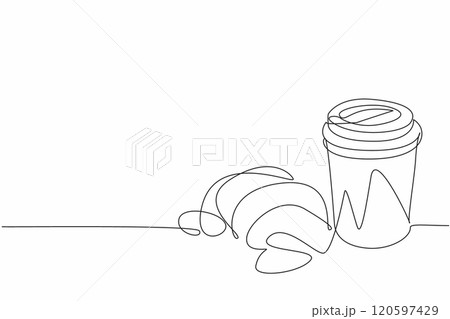 Single one line drawing croissant with paper cup filled with hot sweet tea. Skipped breakfast. Woke up late. Brought to the office. National Croissant Day. Continuous line design graphic illustration 120597429