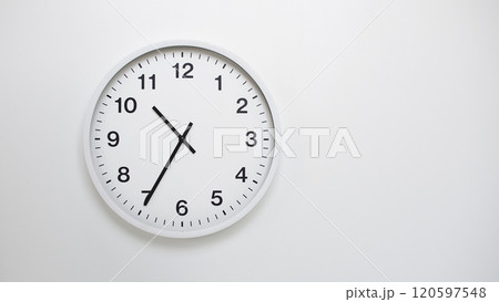 Clean White Clock at 10.35 or 22.35 on Minimalist White Background - Ideal for Time Concepts and Modern Design 120597548
