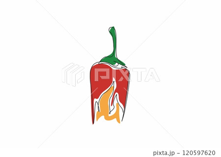 Single continuous line drawing shape of a chili pepper with flames emerging from its base. The chili pepper associated with spice and passion. National Chili Day. One line design vector illustration Single continuous line drawing shape of a chili pepper with flames emerging from its base. The chili pepper associated with spice and passion. National Chili Day. One line design vector illustration 120597620