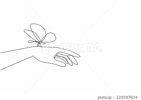 Continuous one line drawing the hand infested with butterfly. Treat the natural world with care and respect. Interconnectedness. Zero Discrimination Day. Single line draw design vector illustration 120597634