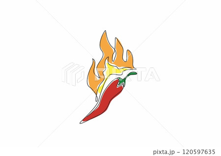 Single one line drawing chili pepper with fire on top. Passionate. Intensity. A fiery spirit. Energy. Warmth. Burning desire. Spicy. National Chili Day. Continuous line design graphic illustration Single one line drawing chili pepper with fire on top. Passionate. Intensity. A fiery spirit. Energy. Warmth. Burning desire. Spicy. National Chili Day. Continuous line design graphic illustration 120597635