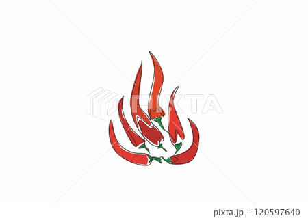 Continuous one line drawing several chilies arranged in the shape of fire. A fiery passion fueled by the intensity. The spirit. Desire. National Chili Day. Single line draw design vector illustration Continuous one line drawing several chilies arranged in the shape of fire. A fiery passion fueled by the intensity. The spirit. Desire. National Chili Day. Single line draw design vector illustration 120597640