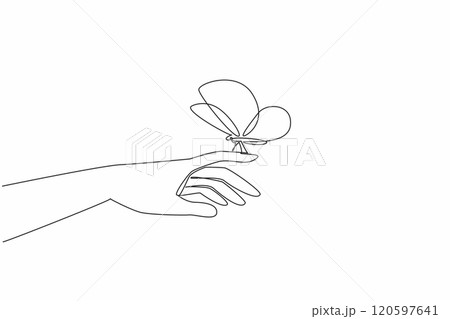 Continuous one line drawing butterfly perched on index finger. Hands of tenderness that can care for hope. Best future of humanity. Zero Discrimination Day. Single line draw design vector illustration Continuous one line drawing butterfly perched on index finger. Hands of tenderness that can care for hope. Best future of humanity. Zero Discrimination Day. Single line draw design vector illustration 120597641