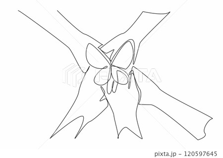 Single continuous line drawing five hands with different skin colors stacked on top of each other. Metaphor interconnectedness of humanity. Zero Discrimination Day. One line design vector illustration Single continuous line drawing five hands with different skin colors stacked on top of each other. Metaphor interconnectedness of humanity. Zero Discrimination Day. One line design vector illustration 120597645