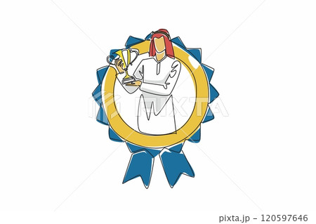 Single one line drawing Arabian man raise the trophy. With perseverance and dedication, anyone can achieve the dreams. Success. Employee Appreciation Day. Continuous line design graphic illustration Single one line drawing Arabian man raise the trophy. With perseverance and dedication, anyone can achieve the dreams. Success. Employee Appreciation Day. Continuous line design graphic illustration 120597646