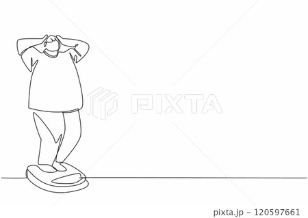 Single continuous line drawing obese man weighing himself on a scale. Shocked. Feeling insecure. Thinking about losing weight. Extra exercise. World Obesity Day. One line design vector illustration 120597661