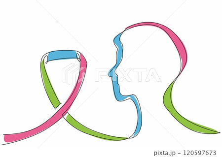 Continuous one line drawing a profile with ribbon flowing into it. Connection between individuals and support provided for those affected. Rare Disease Day. Single line draw design vector illustration 120597673