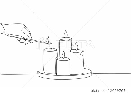 Single continuous line drawing hand hold a match, lighting a group of candles arranged on a tray. Bringing light into the world. Soothing light. World Candle Day. One line design vector illustration 120597674