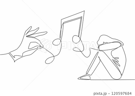 Single continuous line drawing woman crouching on the floor covering her face. The power of music to uplift the spirits. Melody of healing. World Music Therapy Day. One line design vector illustration 120597684