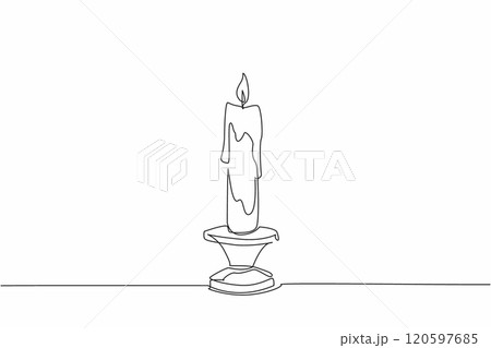 Single continuous line drawing a lit candle in a candlestick. The melting wax. Tradition and stability. Illuminating the darkness. Guidance. World Candle Day. One line design vector illustration 120597685