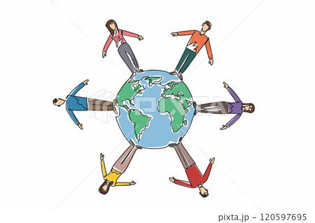 Single one line drawing six people standing around a globe. Collaborative efforts. Fostering a more interconnected world. Global reach. World NGO Day. Continuous line design graphic illustration Single one line drawing six people standing around a globe. Collaborative efforts. Fostering a more interconnected world. Global reach. World NGO Day. Continuous line design graphic illustration 120597695