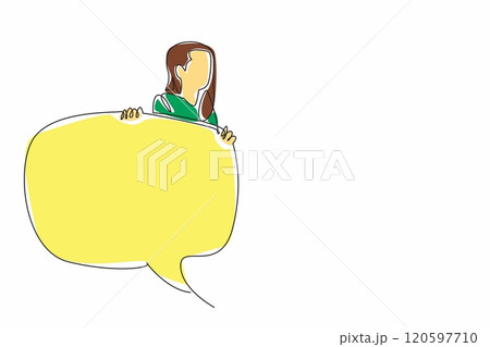 Single one line drawing adult woman emerges from behind large callout. Curiosity, mystery, and a desire to communicate. International Mother Language Day. Continuous line design graphic illustration 120597710