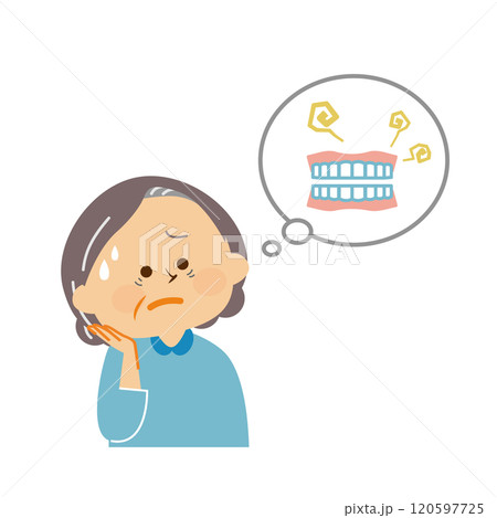 義歯　入れ歯　悩むシニア女性　かわいいイラスト 120597725