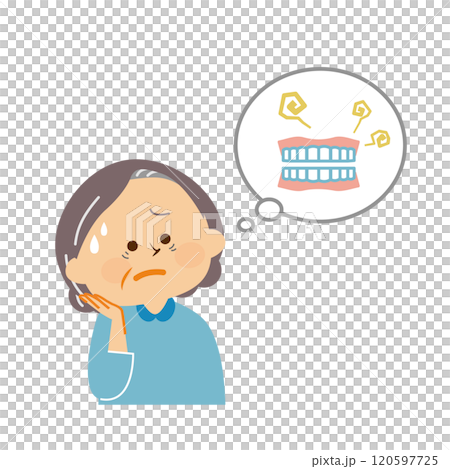 義歯　入れ歯　悩むシニア女性　かわいいイラスト 120597725