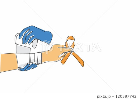 Continuous one line drawing two arms are bandaging wound of other injured arm with bandage. Providing assistance to patients. Self-Injury Awareness Day. Single line draw design vector illustration Continuous one line drawing two arms are bandaging wound of other injured arm with bandage. Providing assistance to patients. Self-Injury Awareness Day. Single line draw design vector illustration 120597742