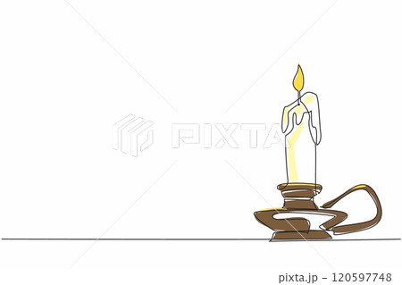 Single one line drawing a lit candle in a candlestick. The melting wax. A source of light in the darkness. The impermanence of things. World Candle Day. Continuous line design graphic illustration 120597748