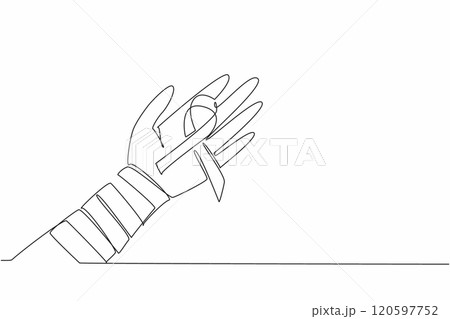 Single one line drawing campaign ribbon on palm with arm wrapped in bandage. Resilience and hope in the face of illness. Survivor. Self-Injury Awareness Day Continuous line design graphic illustration 120597752