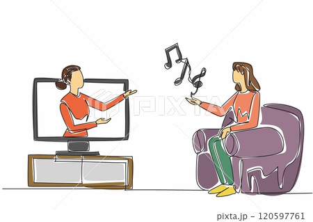 Single one line drawing woman comes out of television monitor holding some tone symbols. Online consultation. Calming tones. Relax. World Music Therapy Day. Continuous line design graphic illustration 120597761