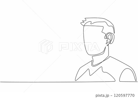 Single continuous line drawing man using hearing aid. Bad habits repeat themselves. Taking advantage of technological advances. Amplify sound. World Hearing Day. One line design vector illustration 120597770