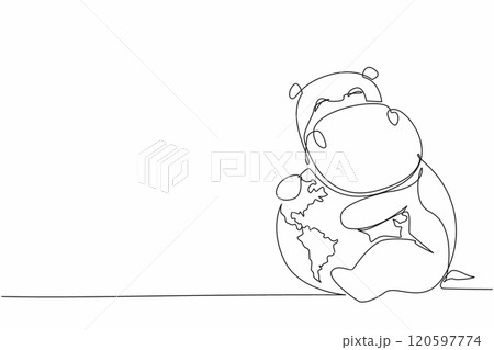Single one line drawing cute hippopotamus hugging globe. Maintaining ecological balance. Save the earth to be comfortable home for them. World Wildlife Day. Continuous line design graphic illustration Single one line drawing cute hippopotamus hugging globe. Maintaining ecological balance. Save the earth to be comfortable home for them. World Wildlife Day. Continuous line design graphic illustration 120597774