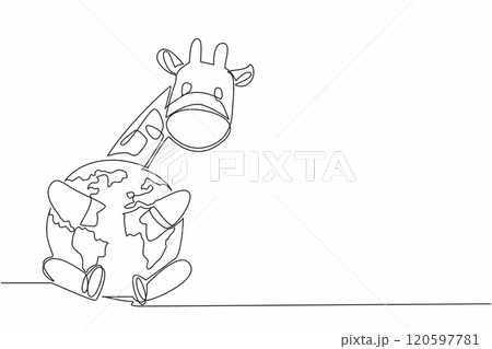 Single continuous line drawing cute giraffe hugging globe. Symbol of longing. Longing for a comfortable place before global warming. Habitat. World Wildlife Day. One line design vector illustration 120597781