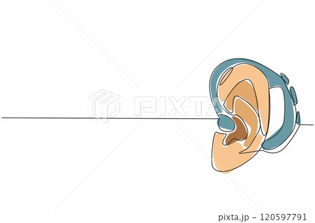 Single one line drawing ear attached to hearing aid. Progress of times along with the development of technology. Helps to amplify sound. World Hearing Day. Continuous line design graphic illustration 120597791