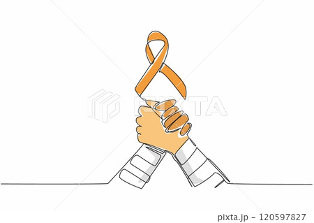 Single one line drawing two bandaged arms clasping each other. Orange ribbon above them. Together, we can make a difference. Self-Injury Awareness Day Continuous line design graphic illustration 120597827
